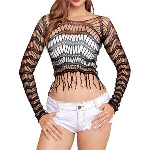🆕 Women Black Fishnet Crop Top Babydoll Chemise Lingerie Tassels Stretchy Nylon